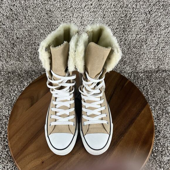 Converse High-Top Lace-Up Sneakers in Beige and White with Faux Fur Collar - Picture 3 of 10